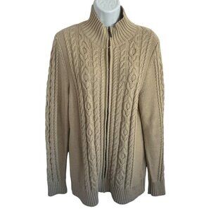 LL Bean Sweater Womens L Beige Full Zip Cable Knit Cardigan Sweater Vtg Coastal
